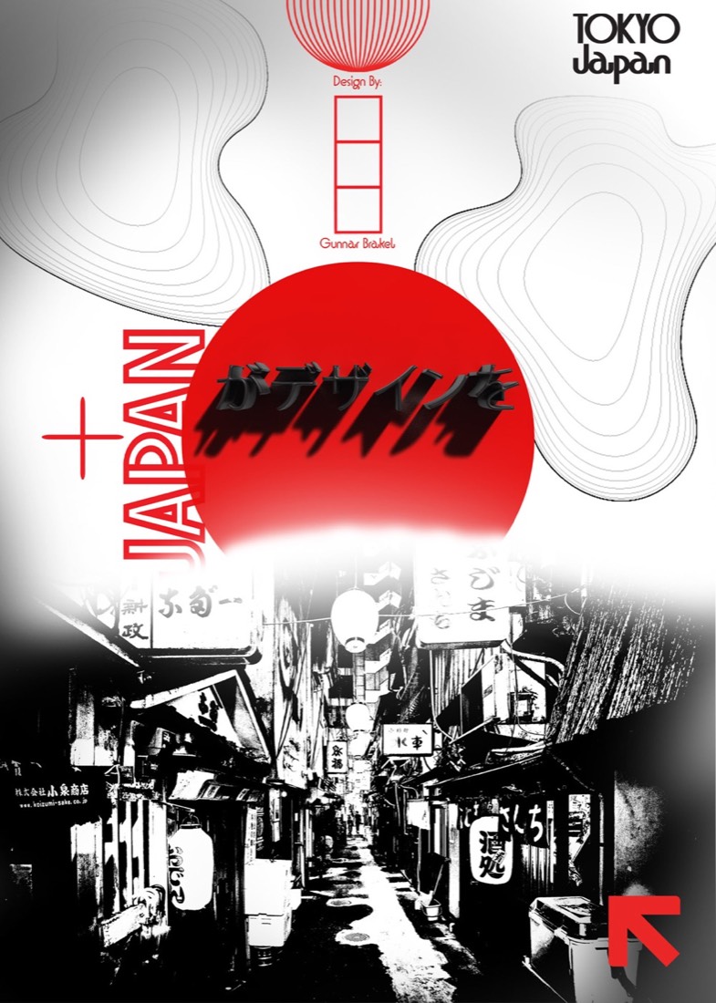 Tokyo Japan poster with a big red sun, flowing line art shapes, and a high-contrast black and white photo of a narrow alley with hanging lanterns and signs.