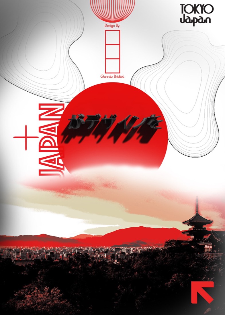 Tokyo Japan poster with a big red sun, flowing line art shapes, and a red and black photo of a hillside city with a pagoda.