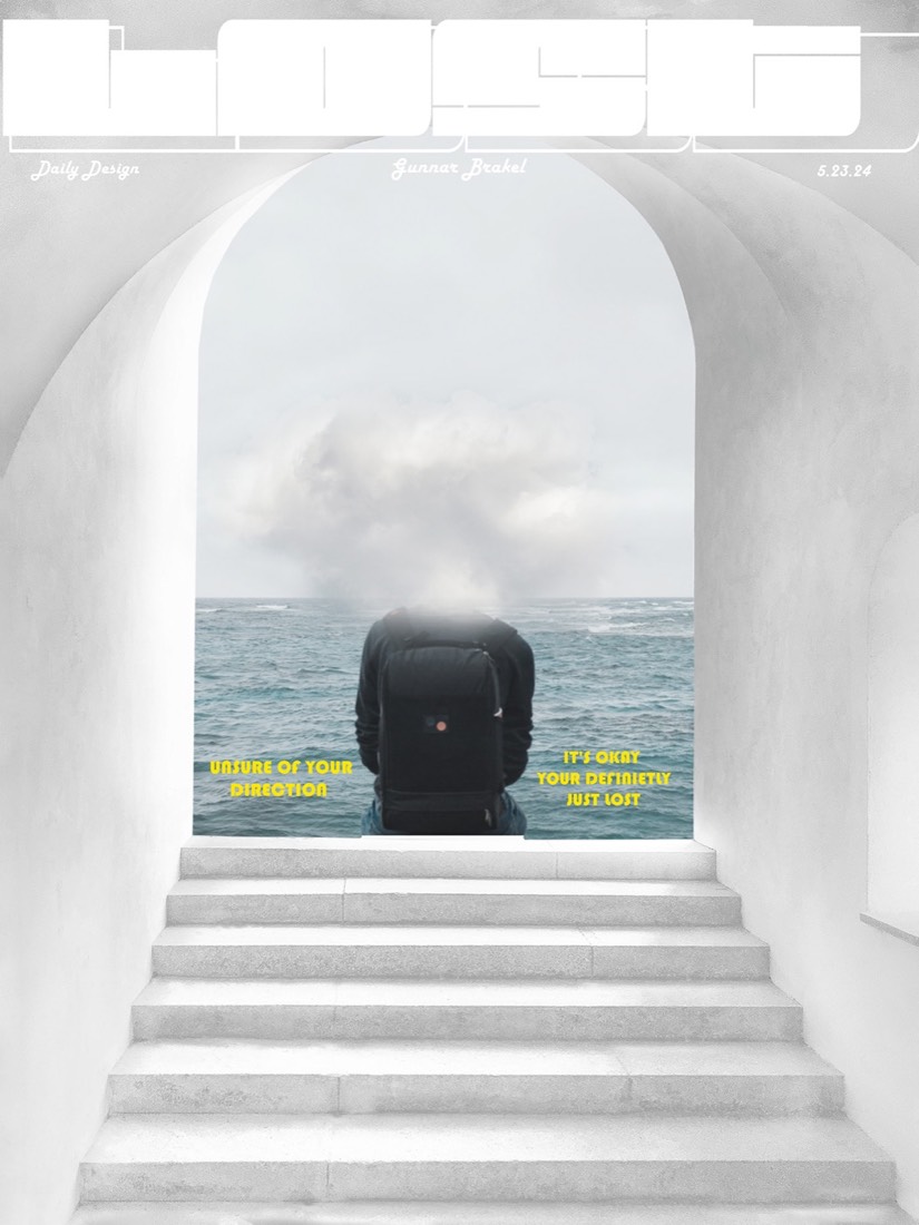 Pale poster of a person with a cloud for a head, seen from behind, sitting in a white stone archway above stairs, looking at the sea. The word LOST is across the top in big white letters.
