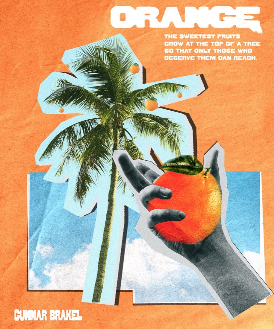 Collage poster on orange paper. A palm tree with a pale blue cut-out outline and a black and white hand holding a bright orange. The word ORANGE is across the top.