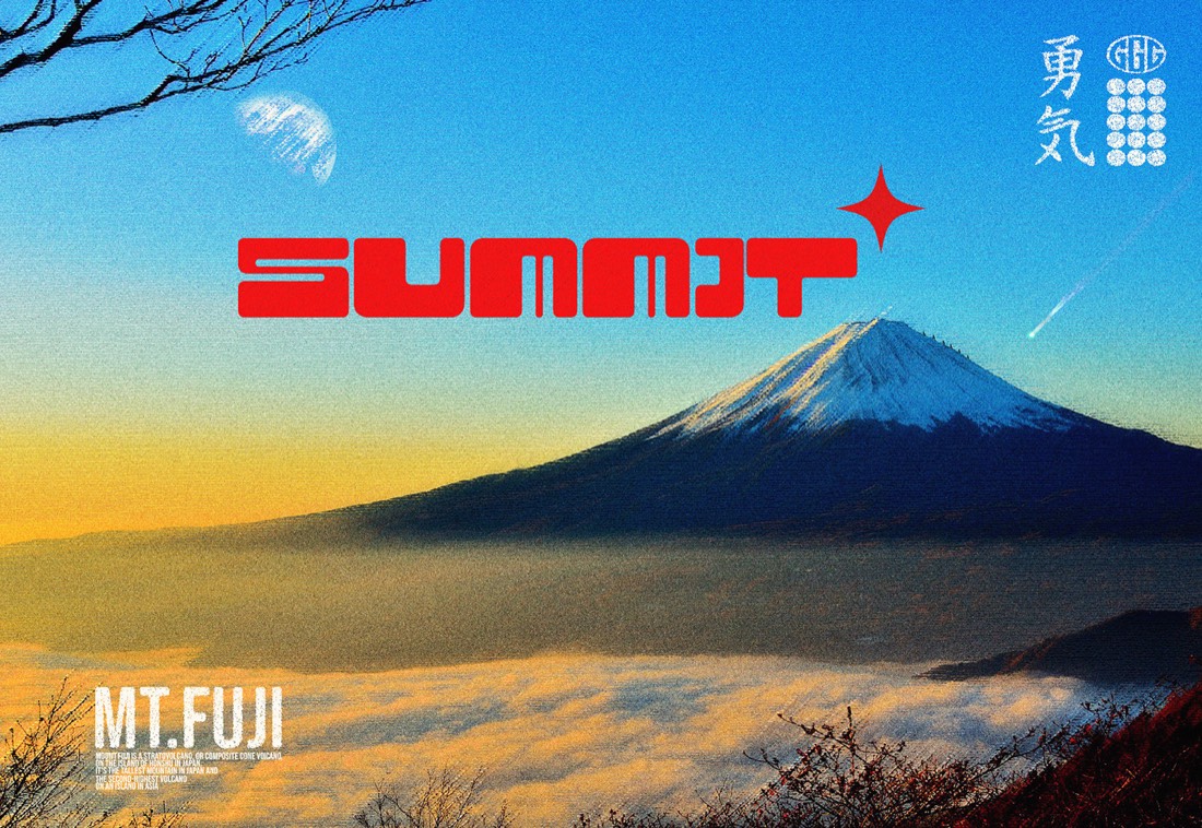 Album cover style art. A blocky red word, SUMMIT, sits over a sunrise sky and a snow-capped Mount Fuji above a sea of clouds. Small white Japanese characters sit in the top corner.