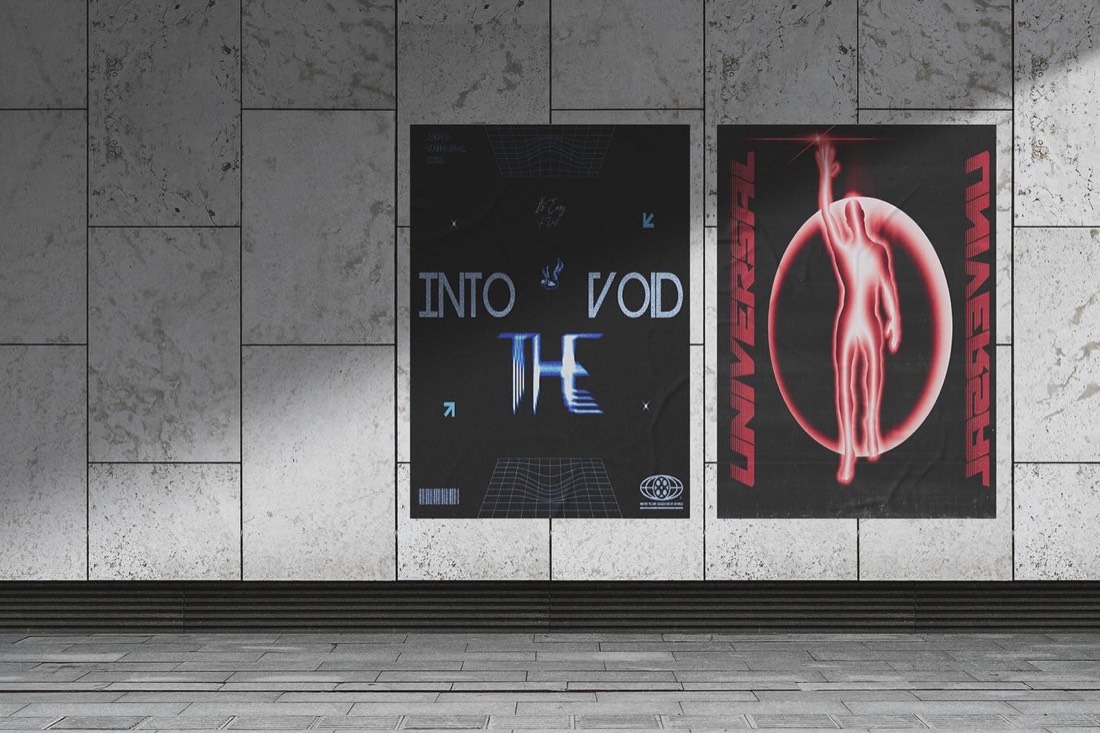 Two posters pasted on a stone wall. On the left, the black and blue Into the Void poster. On the right, the red and black Universal poster with a glowing figure.